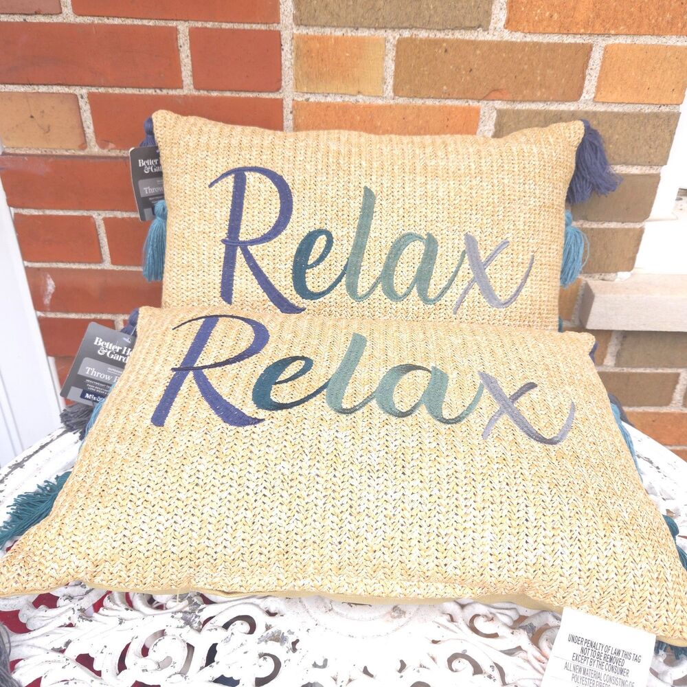 2 NWT Better Homes & Gardens Relax Outdoor Pillows 19x13 Woven Tassel Patio